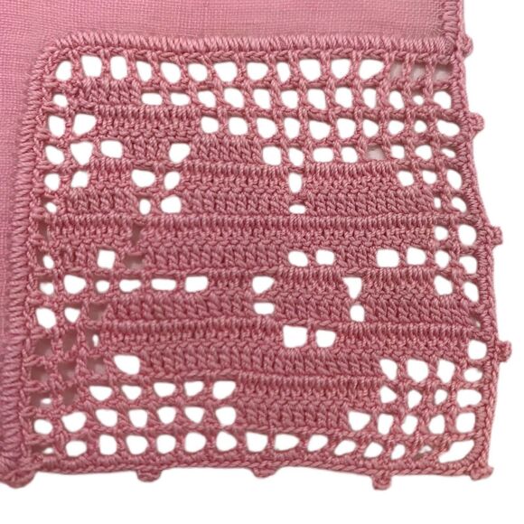 Pink Linen Filet Crochet Bridesmaid Handkerchief Wedding Vintage Cottage Core - Picture 3 of 4